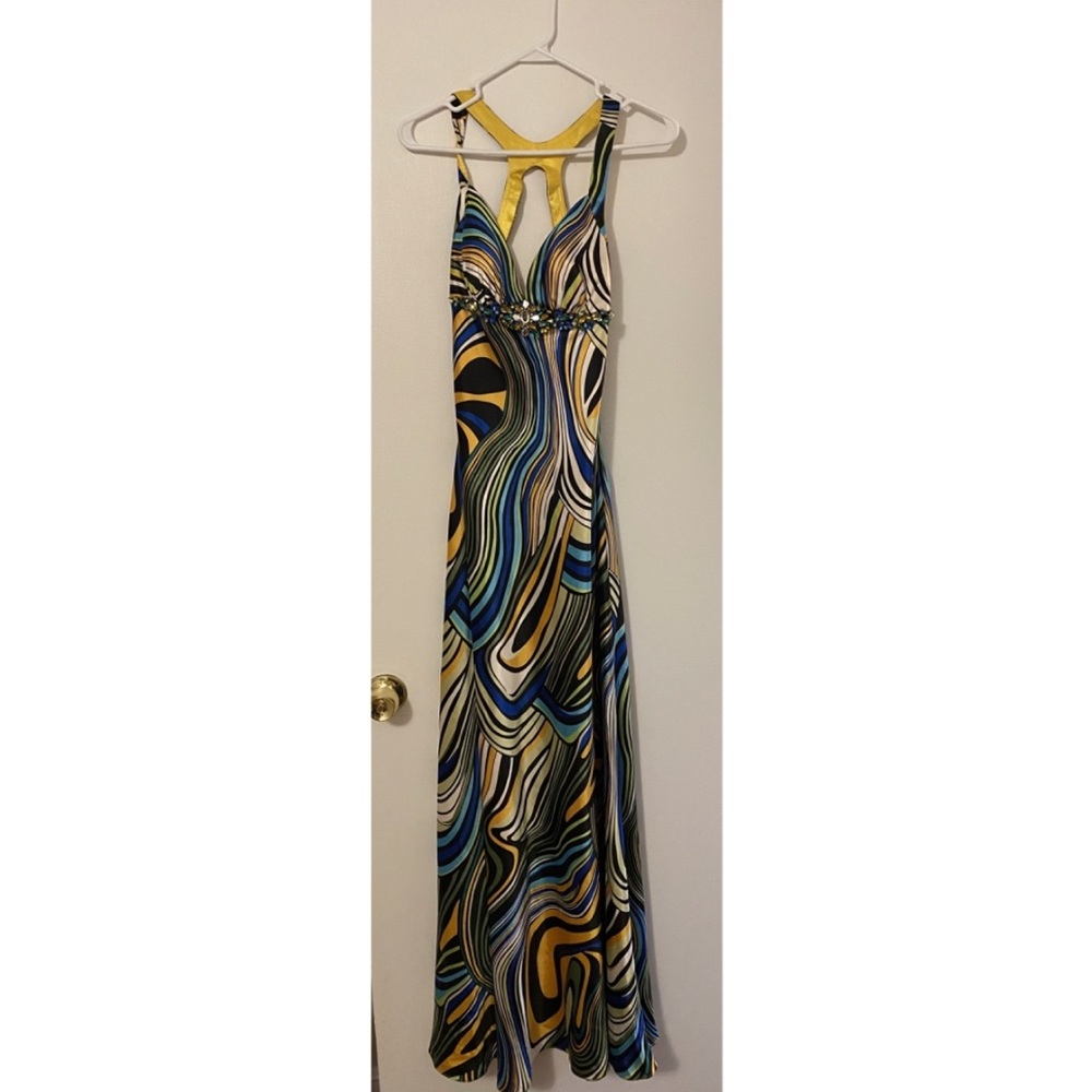 Multi colored floor length formal dress with jewel bust